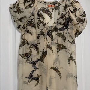 Anthropologie Cream and Gray Ruffled Tie Front Blouse